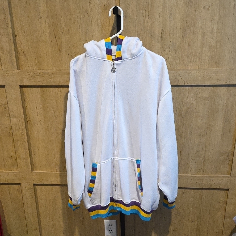 (J52) Men's White Zip-Up Sweater with Multicolor Stripes Plus Sz 3XL
